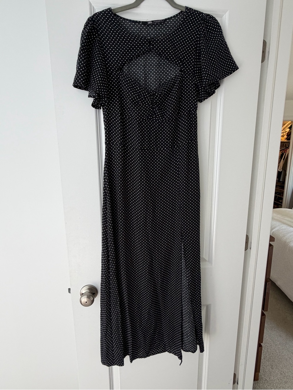 Zara Black & White Polka Dot Midi Dress with Front Cutout